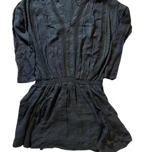 Black Lace Inset Boho Mini Dress V-Neck Smocked Waist Long Sleeve